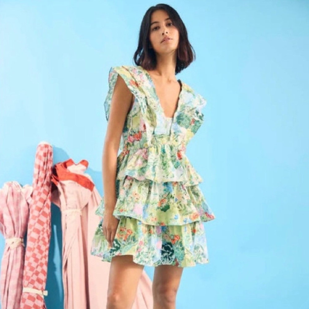 HUNTER BELL Floral Tiered Ruffle Mini Dress in Pastel Green and Multicolor